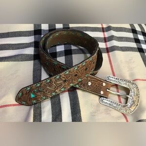 Nocona Womens Medium Torquoise Blue Brown Floral Western Leather Belt 36”